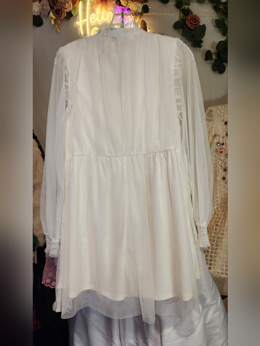Umgee Size S Ivory Long Sleeved Chiffon Mini Dress - Picture 8 of 10